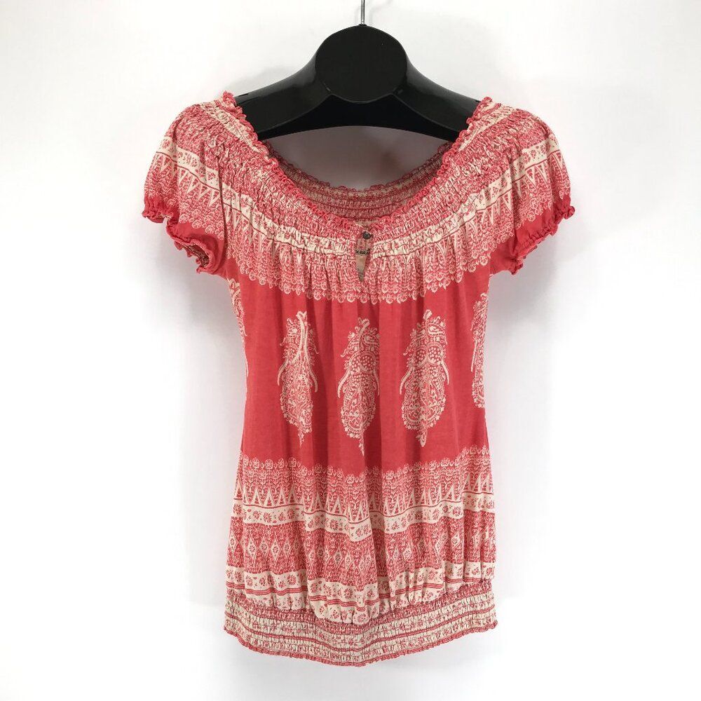 Lucky Brand Smocked Off-Shoulder Blouse Women's Small 100% Cotton Boho Summer